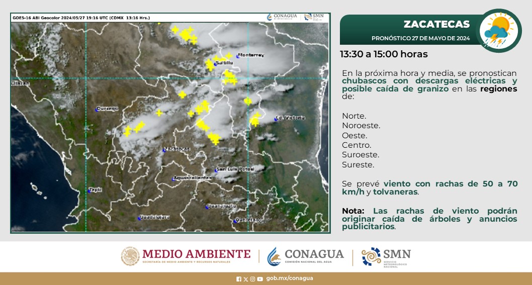 ⛈️🌬️ Para la siguiente hora y media se pronostican #Chubascos con #DescargasEléctricas, caída de #Granizo y #Rachas de #Viento de 50 a 70 km/h, en regiones de #Zacatecas. Ve los detalles en el gráfico ⬇️