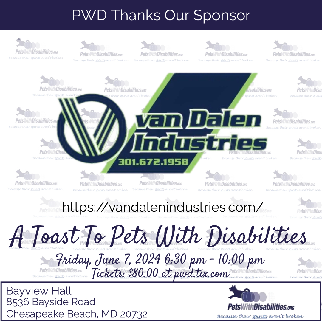 disabledpets's tweet photo. Pets With Disabilities appreciates our Sponsors! And we hope you support them too!
Got your tickets for our June 7 annual "A Toast To Pets With Disabilities" fundraiser yet?  See the comments for details on the event.  
#petswithdisabilities #disabledpets #vandalenindustries https://t.co/hGPlEcBrJd