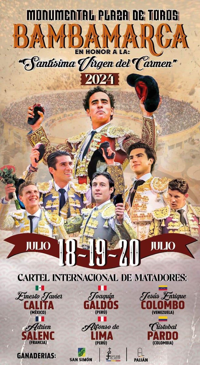 Bambamarca PER carteles Feria del Carmen 18 julio <a href="/EJCalita/">EJ Calita</a>, <a href="/Alfonsodelima1/">Alfonsodelima</a> y <a href="/Info_JEColombo/">Jesús Enrique Colombo</a> con San José del Monte. 19 julio <a href="/JGaldosOficial/">Joaquín Galdós Oficial</a>, <a href="/cristobalpardo5/">InfoCristobalPardo</a> y <a href="/InfAdrienSalenc/">Info Adrien Salenc</a> Adriano con San Simón. 20 julio <a href="/JGaldosOficial/">Joaquín Galdós Oficial</a>, <a href="/Info_JEColombo/">Jesús Enrique Colombo</a> y <a href="/EJCalita/">EJ Calita</a> con La Viña Paiján