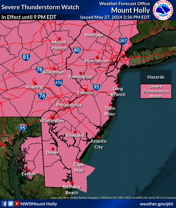 ⚠️Update: The Severe Thunderstorm Watch has been expanded to include the remainder of our counties. The watch remains in effect until 9 PM this evening. 

Damaging wind and hail remain the greatest threat. An isolated tornado remains possible.

#NJwx #MDwx #DEwx #PAwx