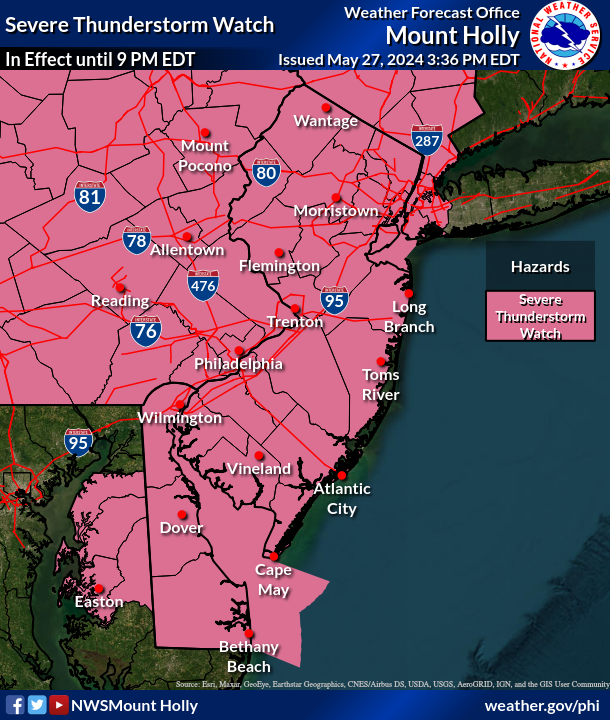 ⚠️Update: The Severe Thunderstorm Watch has been expanded to include the remainder of our counties. The watch remains in effect until 9 PM this evening. Damaging wind and hail remain the greatest threat. An isolated tornado remains possible. #NJwx #MDwx #DEwx #PAwx