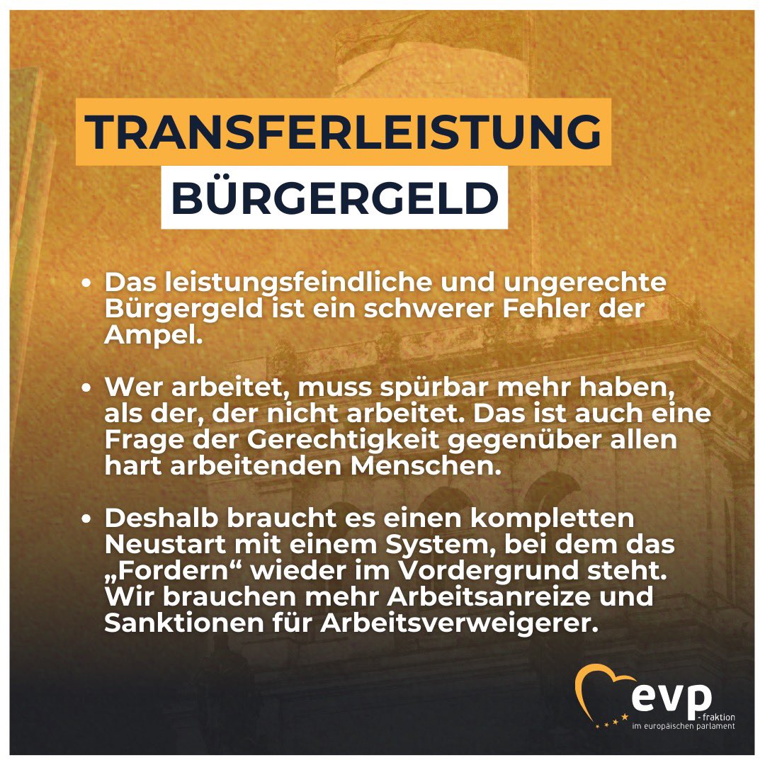 MarkusFerber's tweet photo. Die Einführung des Bürgergelds war ein schwerwiegender Fehler der Ampelkoalition. Als CSU und EVP auf europäischer Ebene setzen wir uns für gerechte und leistungsorientierte Sozialsysteme ein, die Arbeit belohnen und soziale Gerechtigkeit fördern. 💼💶 #SozialeGerechtigkeit https://t.co/YmZRsvWUqV