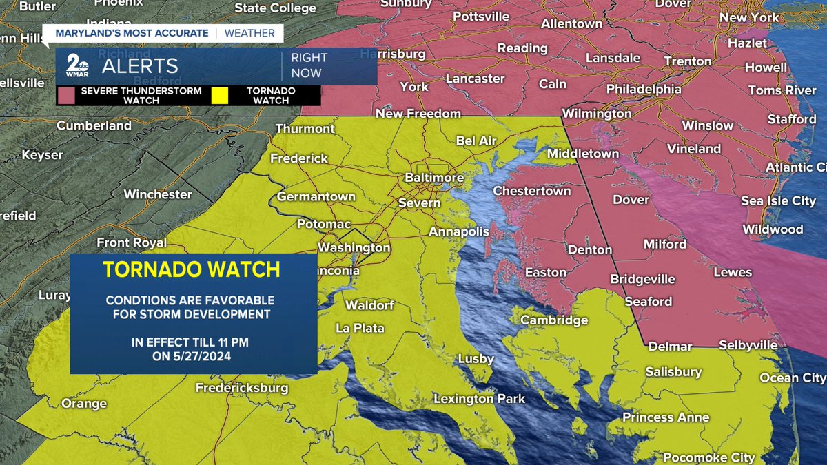 A Tornado Watch has been issued for all the counties in YELLOW until 11 PM EDT. Conditions are favorable for strong storms to develop into the evening. I'm tracking it all on @WMAR2News! #wmar #mdwx #tornado #watch