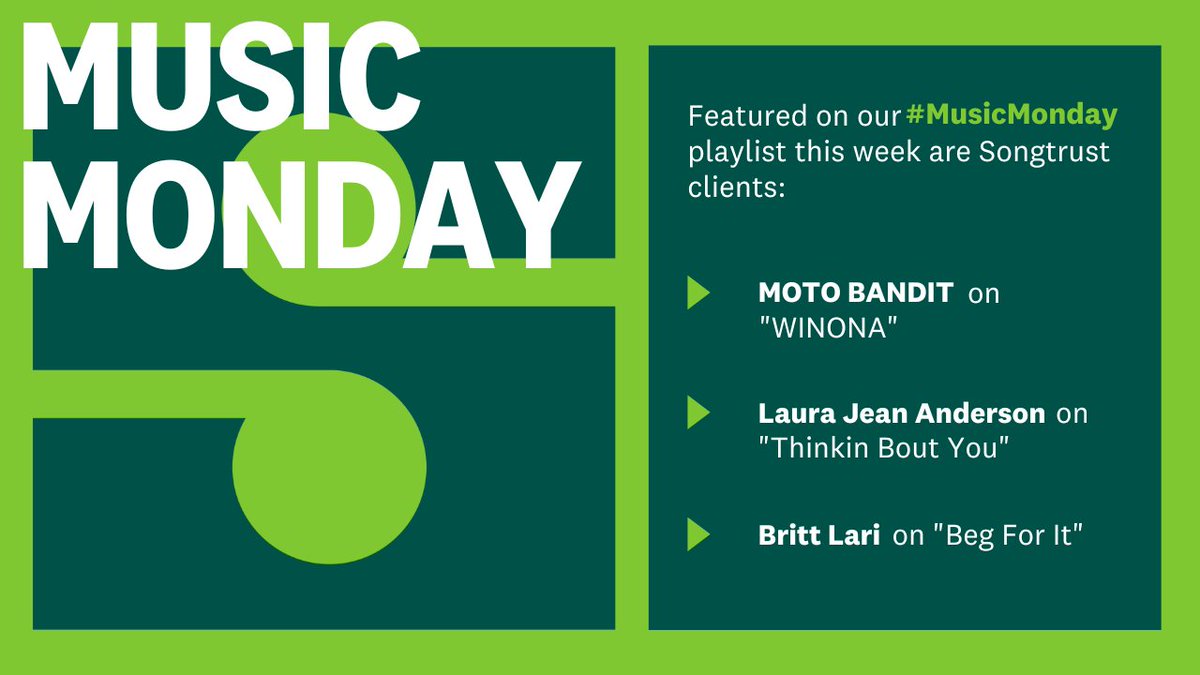 Songtrust (@songtrust) on Twitter photo Use our #MusicMonday playlist to get you motivated and ready for a productive week. Listen to a few of our recent song additions by MOTO BANDIT on "WINONA," <a href="/LJAndersonmusic/">Laura Jean Anderson</a> on "Thinkin Bout You," and <a href="/brittlari/">Britt Lari</a> on "Beg For It." songtr.st/3yxZUtD Use our #MusicMonday playlist to get you motivated and ready for a productive week. Listen to a few of our recent song additions by MOTO BANDIT on "WINONA," <a href="/LJAndersonmusic/">Laura Jean Anderson</a> on "Thinkin Bout You," and <a href="/brittlari/">Britt Lari</a> on "Beg For It." songtr.st/3yxZUtD