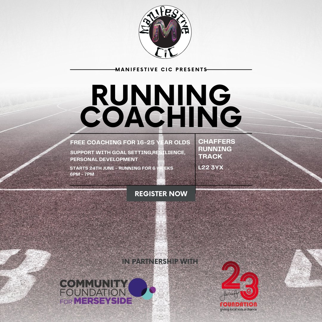 Manifestive CIC (@manifestivecic) on Twitter photo Excited to share the details of our new running programme. No cost, open to all abilities. Starting 24th of June 6pm-7pm, Chaffers Running Track, Running for 6 weeks.
Sign up here - forms.office.com/r/X54Pn0hcNX.
Big thanks to <a href="/alexrigby91/">Alex</a>
<a href="/CF_Merseyside/">Community Foundation for Merseyside</a> <a href="/JC23Foundation/">23 Foundation</a> Excited to share the details of our new running programme. No cost, open to all abilities. Starting 24th of June 6pm-7pm, Chaffers Running Track, Running for 6 weeks.
Sign up here - forms.office.com/r/X54Pn0hcNX.
Big thanks to <a href="/alexrigby91/">Alex</a>
<a href="/CF_Merseyside/">Community Foundation for Merseyside</a> <a href="/JC23Foundation/">23 Foundation</a>