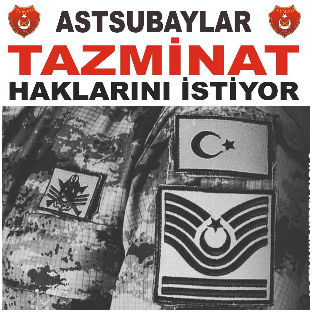 #AstsubaylaraAdalet
STATÜMÜZ ONURUMUZDUR, 
TAZMİNAT LÜTUF DEĞİL HAKKIMIZDIR. ASTSUBAYLARIN EMEKLİ MAAŞ BAĞLAMA ORANLARI YENİDEN DÜZENLENMELİ.
5400 EK GÖSTERGE VERİLEREK EMEKLİLİKTE ASTLARIYLA AYNI MAAŞI ALMALARI ÖNLENMELİDİR.
<a href="/RTErdogan/">Recep Tayyip Erdoğan</a>
<a href="/dbdevletbahceli/">Devlet Bahçeli</a>
<a href="/_cevdetyilmaz/">Cevdet Yılmaz</a>