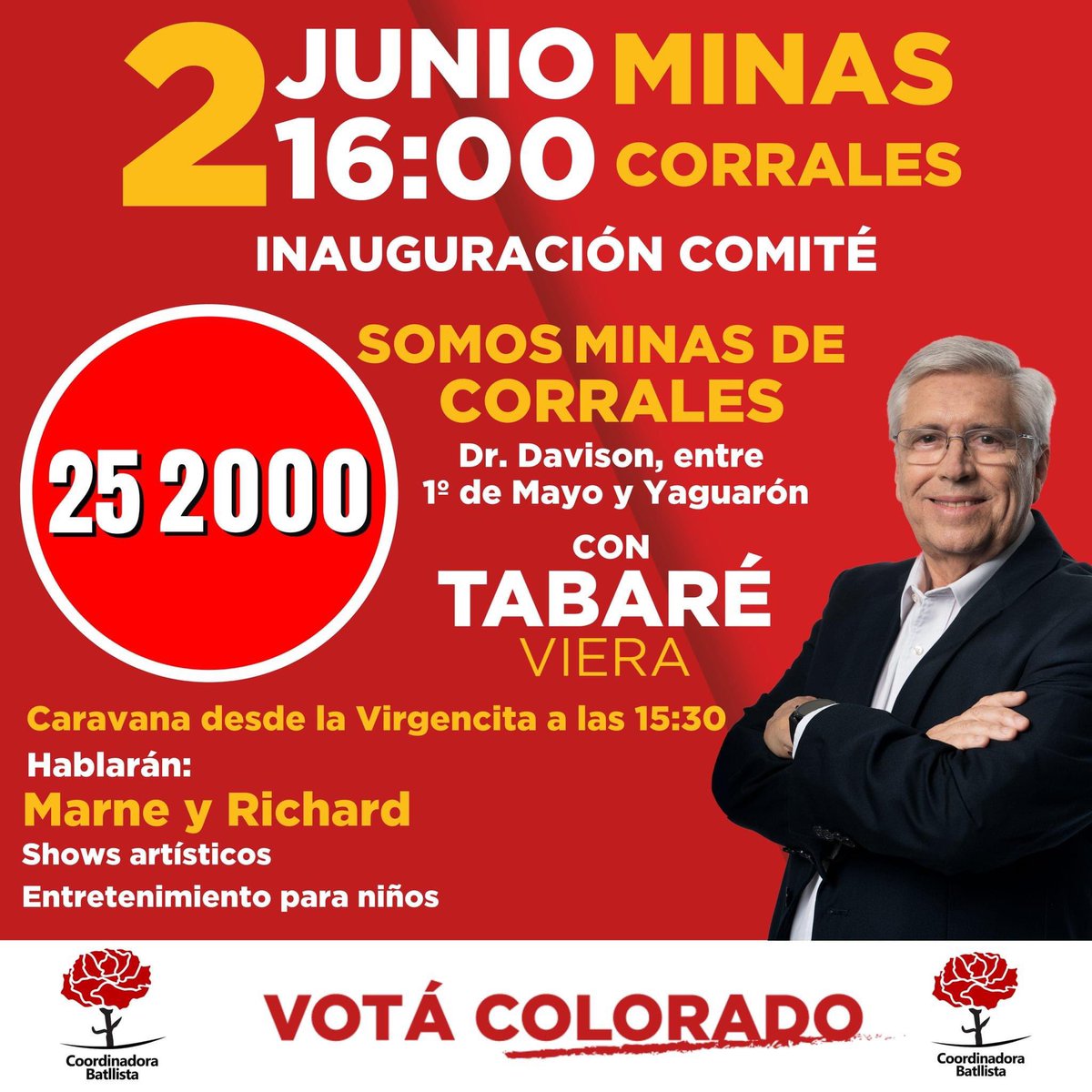 coordbattlista's tweet photo. Se viene la gran fiesta de inauguración del Comité de la #lista252000  de de la Coordinadora Batllista "Somos Minas de Corrales"
Este domingo 2 de junio, 16:00 hs. en Dr. Davison entre 1ro. de Mayo y Yaguarón.
Hablarán Marne Osorio Lima y Richard Sander

#TabaréPresidente https://t.co/C3CaoiewrI