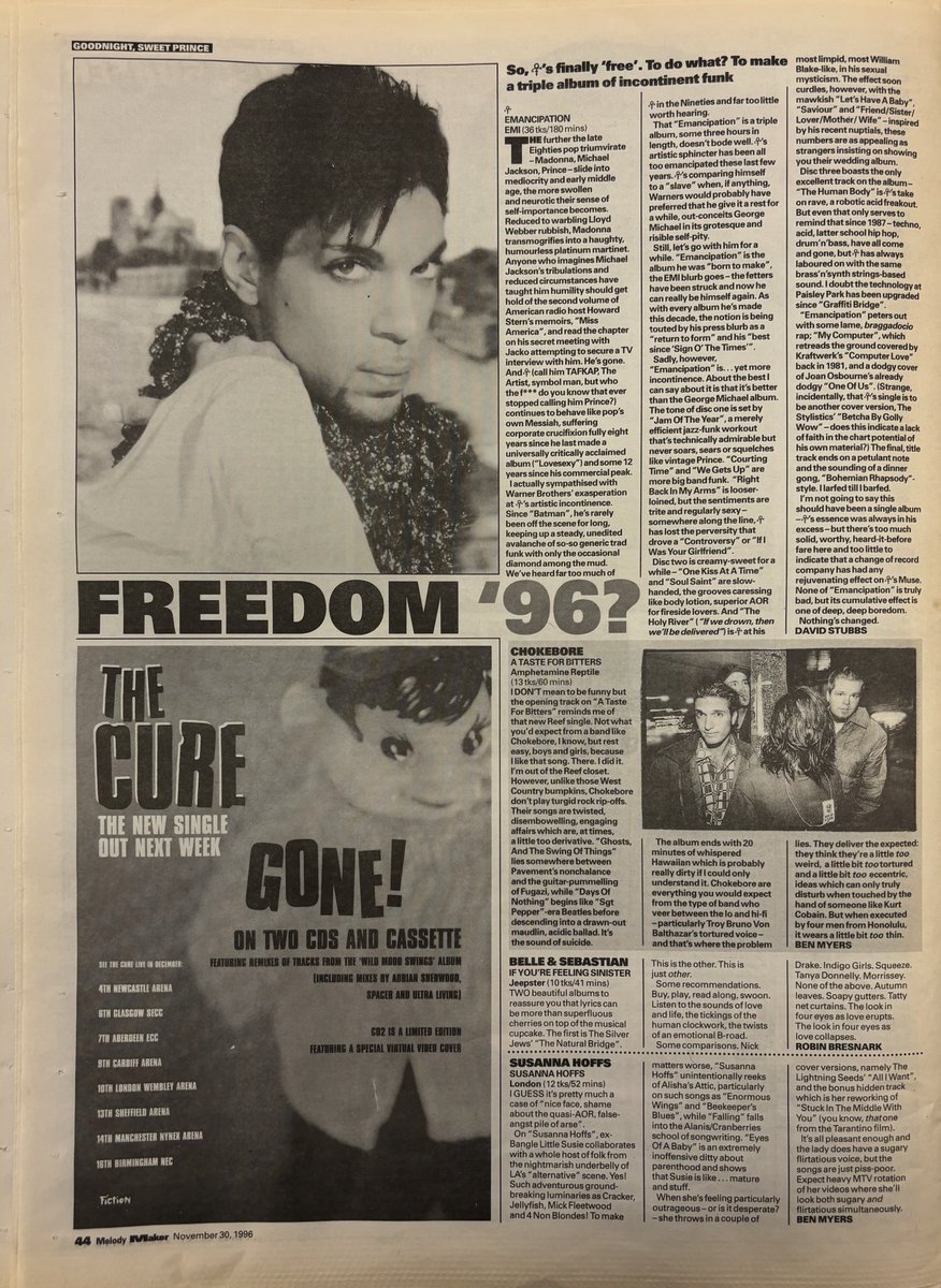 Albums! Prince! Belle and Sebastian! Chokebore! Susanna Hoffs! Melody Maker, 30 November 1996. #MelodyMaker #MyLifeInTheUKMusicPress #1996