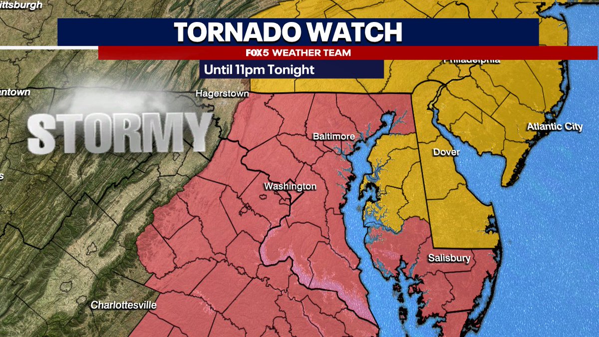 caitlinrothfox5's tweet photo. *New* A Tornado Watch has been issued for the whole area until 11pm. Prime time for storm development is 5:30-8:30pm. https://t.co/3apftK9WNZ