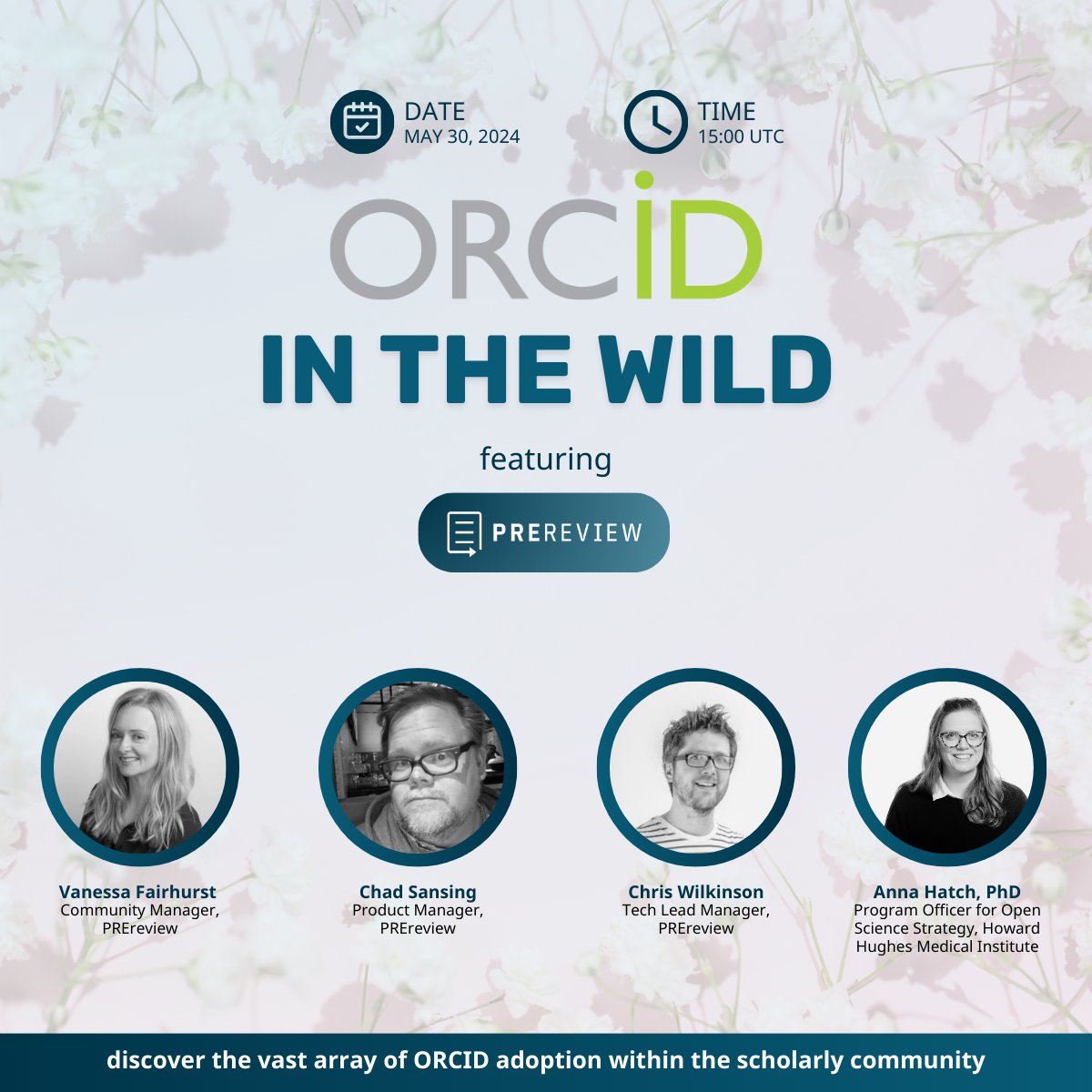 📢 On 30 May, Vanessa Fairhurst, Chad Sansing, and Chris Wilkinson of PREreview join us for our webinar ORCID in the Wild, along with special guest Anna Hatch. 🌿 Discover the vast array of ORCID adoption in the scholarly community. Register now ➡️ bit.ly/4aZVtpw