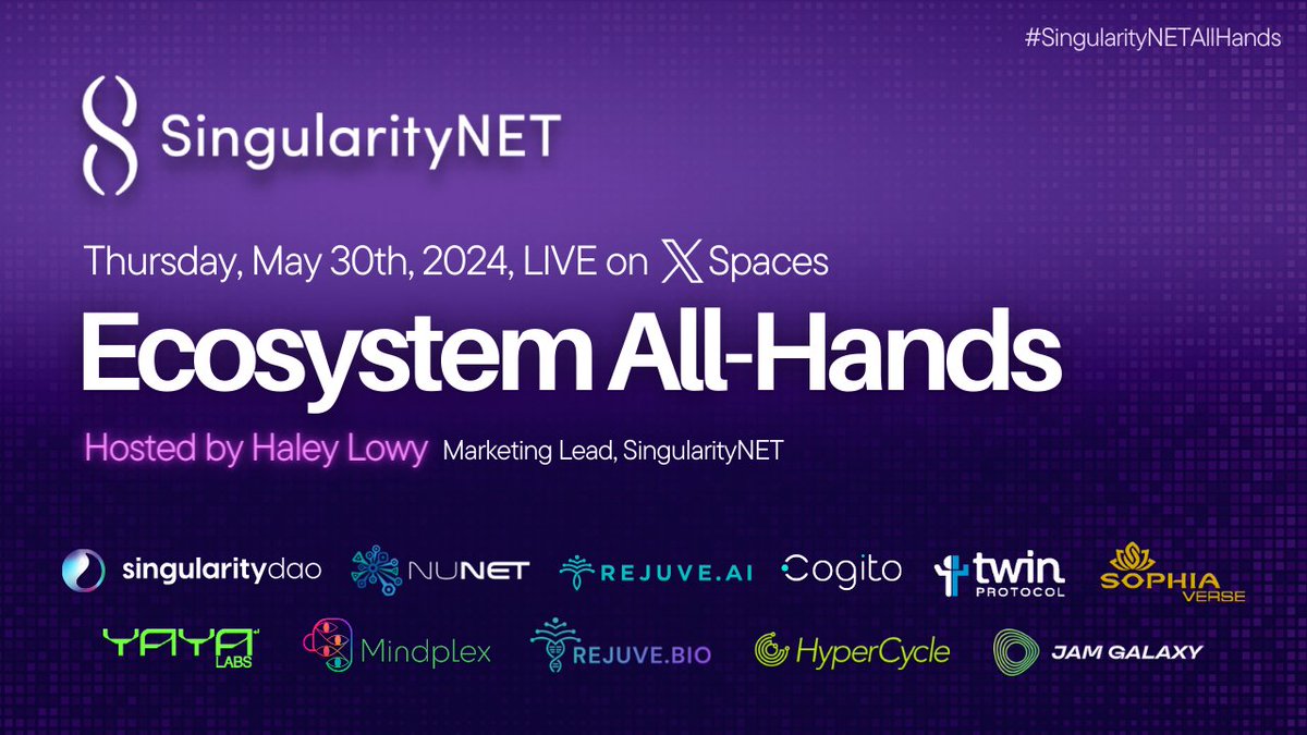 🔔 Join us for the first SingularityNET Ecosystem All-Hands meeting on X Spaces this Thursday at 5 pm UTC to learn about the latest developments in the ecosystem and the decentralized #AI space. You don't want to miss this! Set your reminder now: x.com/i/spaces/1YpKk…