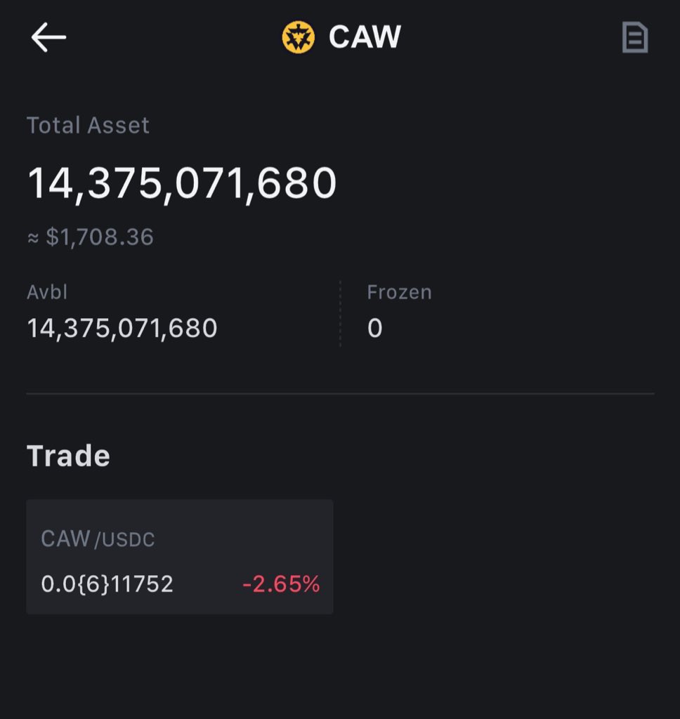 758th day hodl $CAW (may 27, 2024)
$1708
crypto is fun #caw is teh dream
#AHuntersDream #cawmunnity