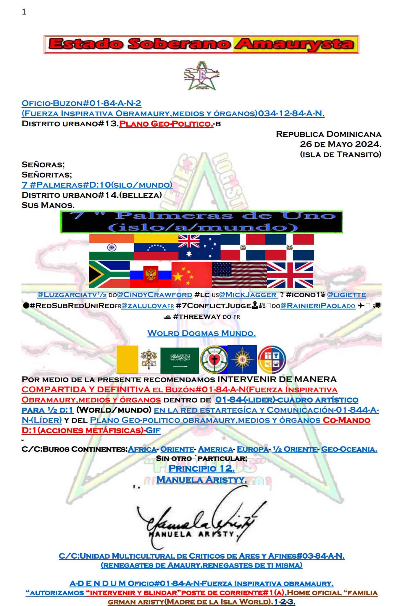 Oficio Buzón #01-84-A-N-(F.I.Fuerza Inspirativa Obramaury,medios y órganos.