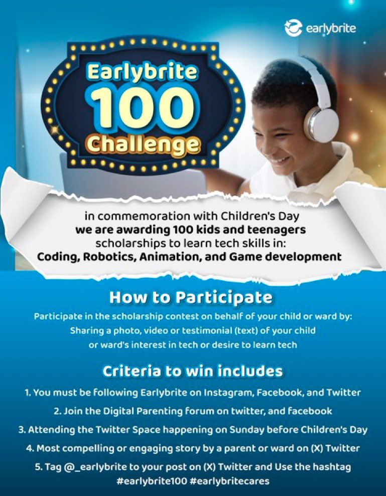 In the spirit of Children’s Day, I will be selecting 5 children to win @_earlybrite scholarship where they will be learning different tech skills from coding, robotics to animation for FREE. Your child can be lucky in the #earlybrite100 challenge.👦👧 As mama and papa, all you