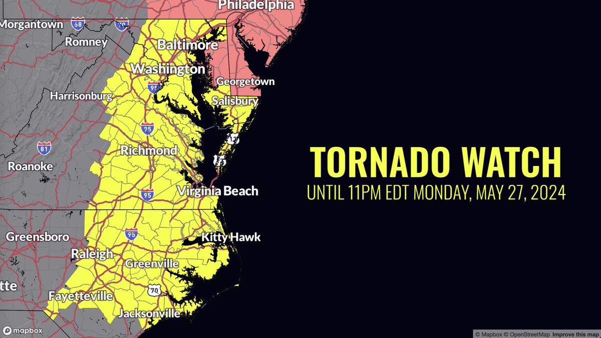 A tornado watch has been issued for parts of District of Columbia, Maryland, North Carolina, and Virginia until 11 PM EDT #MDwx #NCwx #VAwx PRIMARY THREATS: - A couple of tornadoes possible - Damaging wind gusts to 70 mph - Hail to 1.5' in diameter