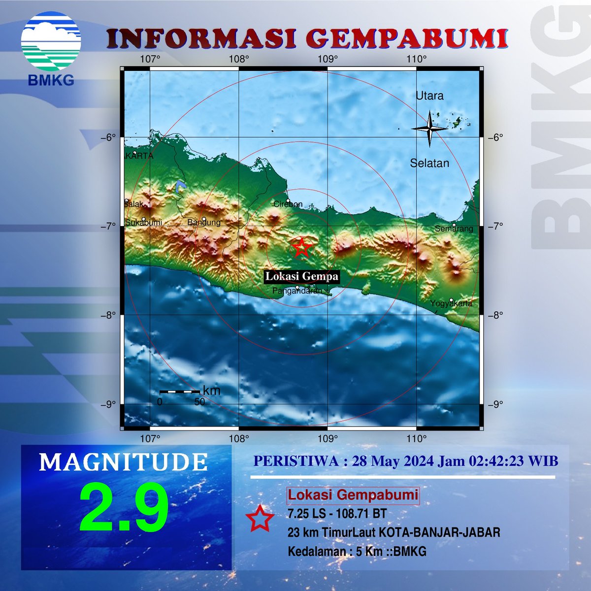Info Gempa Mag:2.9, 28-May-24 02:42:23 WIB, Lok:7.25 LS - 108.71 BT (23 km TimurLaut KOTA-BANJAR-JABAR), Kedlmn: 5 Km ::BMKG