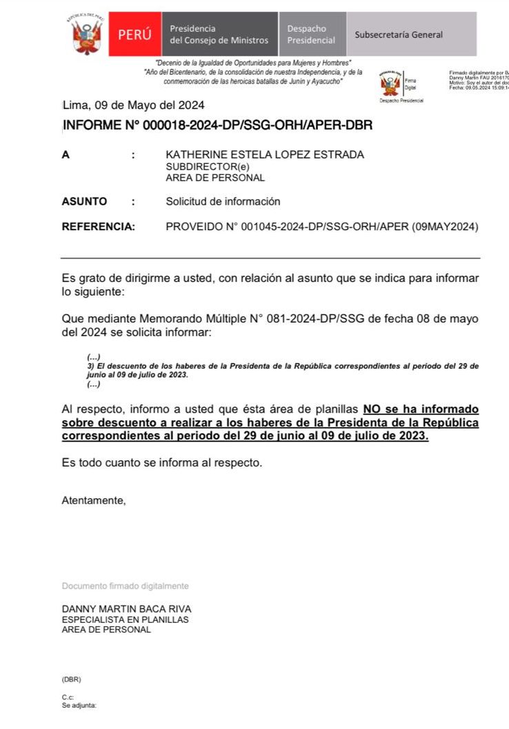 #LOÚLTIMO | Los doce días que Dina Boluarte se ausentó del Despacho Presidencial por una operación estética al rostro no le fueron descontados de su remuneración. Así informó Palacio de Gobierno a un pedido que hizo la congresista Ruth Luque.
