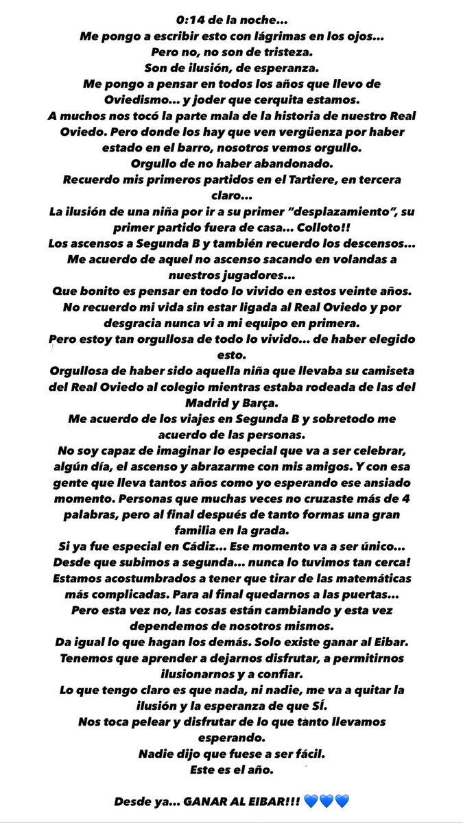 AnaVazquez_7's tweet photo. A veces me da por escribir… y ayer estaba sensible.
Ganar al Eibar @RealOviedo 💙💙💙 https://t.co/3e41LCDio2