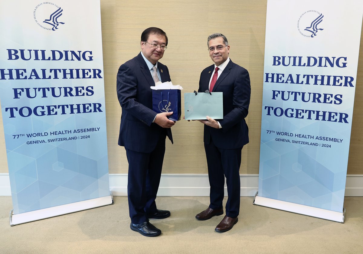 Met with <a href="/MOHW_Taiwan/">MOHW of Taiwan 衛生福利部</a>'s Minister of Health and Welfare Dr. Tai-yuan Chiu to discuss shared global health priorities for the U.S. and Taiwan. 

Through our collaborative efforts, we’re working together to improve health globally. #WHA77