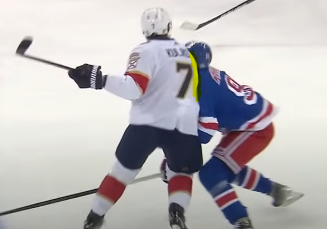 davrion's tweet photo. @Bennihana70 Area of impact highlighted. Body contact with some contact to the head <> "leading with head contact". Rule 48 does not apply. Had the puck actually hit Wennberg's stick, there would not even be an interference penalty. Video does not lie..... https://t.co/1m3RrELNAR