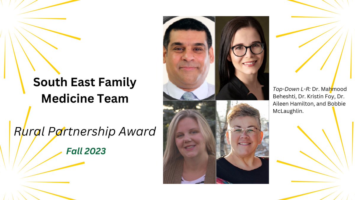 We're celebrating the winners of our College of Medicine awards for the next few weeks! Today we’re showcasing our rural award winners. 

Rural Medical Education Innovation Award: Dr. Daniel Irvine &amp;  Rural Partnership Award: South East Family Medicine Team. Congratulations!