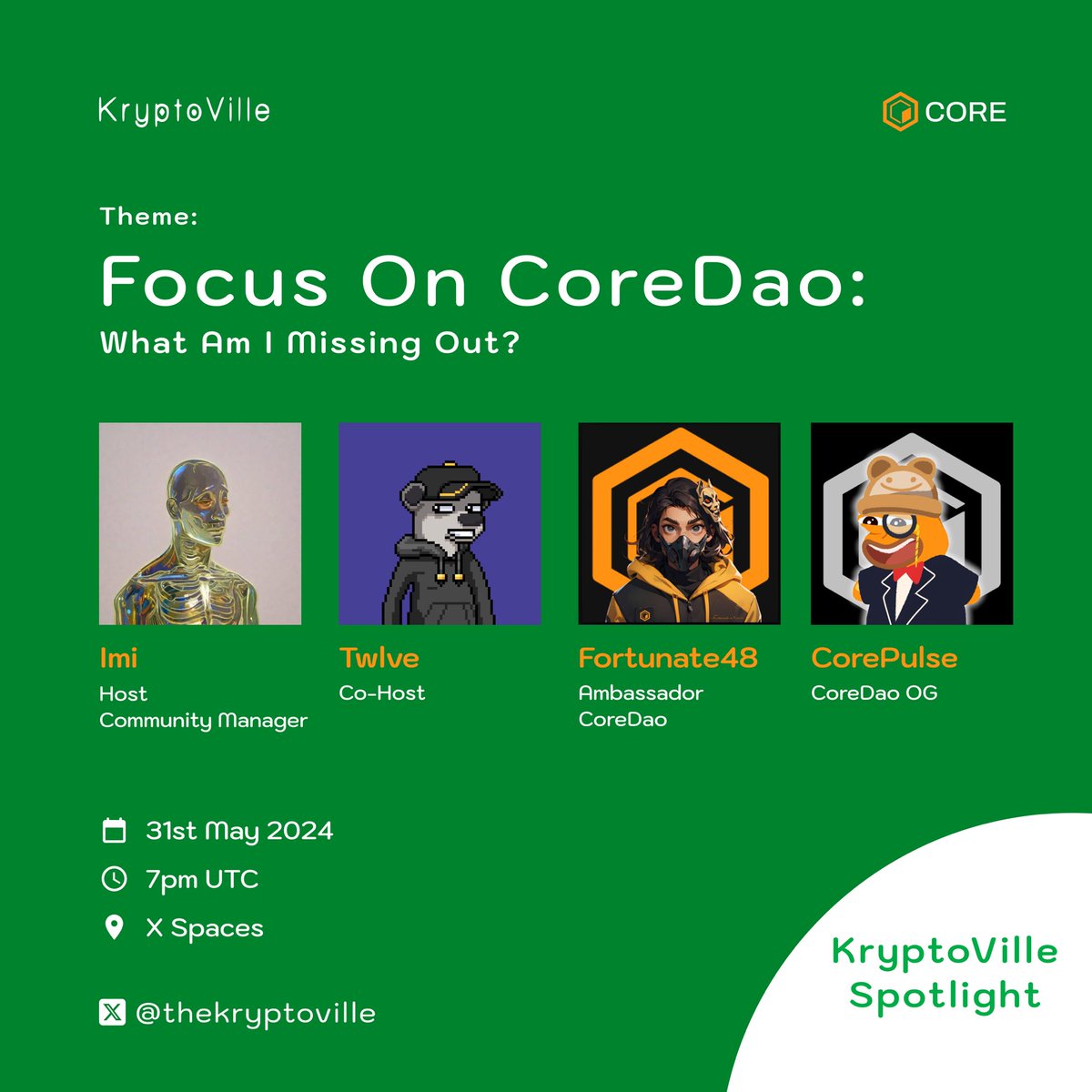 Curious about Core DAO’s latest developments? 

Tune in this Friday at 7pm UTC with Kryptoville for an engaging X Space with Core DAO! Learn what you might be missing.

Be there 🫵💚🔸
