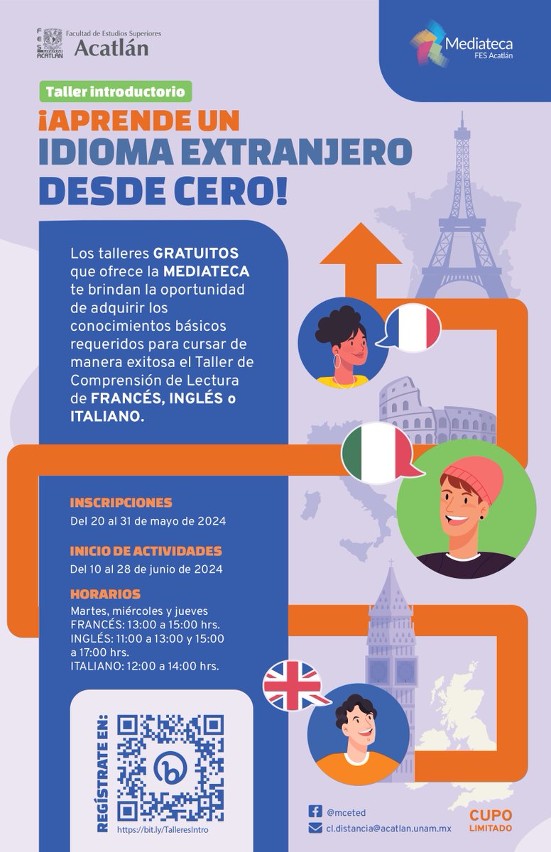 🖥 La mediateca de la #FESAcatlán tiene estos talleres para ti, si te interesa crecer tus conocimientos de alguno de estos idiomas 🇬🇧🇫🇷🇮🇹 #AcáNosVemos, son gratuitos anímate. Regístrate aquí 👉 bit.ly/TalleresIntro