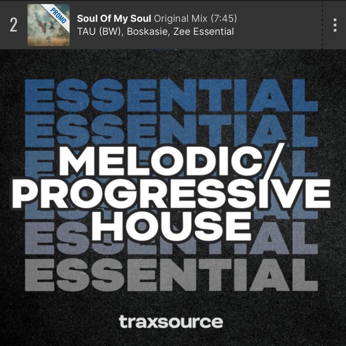 Thank you @traxsource for placing @Tau , Boskasie @zee essential - Soul of my soul 2nd in this weeks #melodic #progressivehouse essential chart today . 

A message for peace and harmony in condolence to the lost Palestinian children over the years . 

traxsource.com/track/12300905…