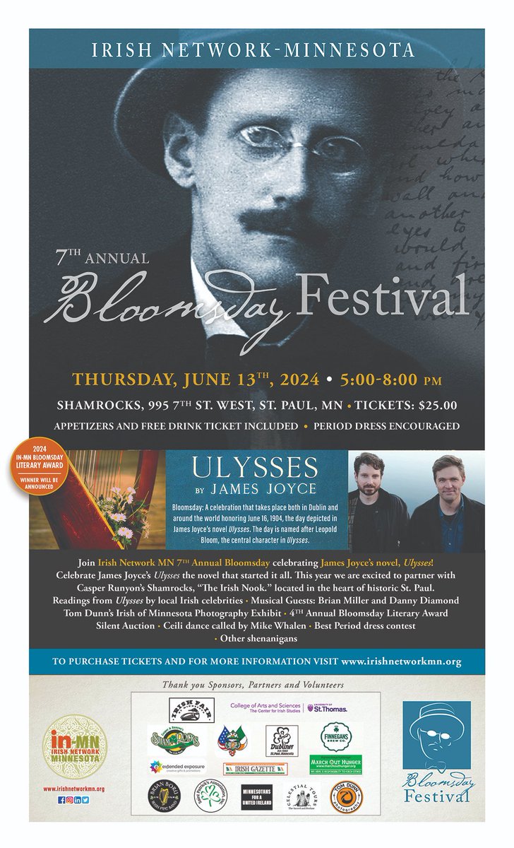 Join Irish Network Minnesota IN-MN's 7th Annual Bloomsday celebrating James Joyce’s novel, Ulysses!  This year we are excited to partner with Shamrocks Irish Nook located in the heart of historic St. Paul.
