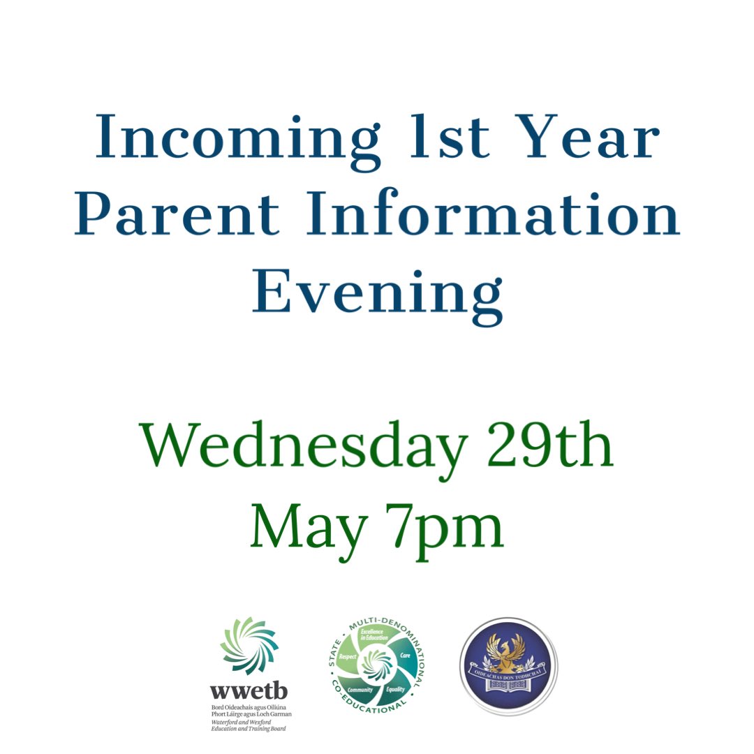 This is a reminder that our parent information evening for incoming 1st year students will take place this week on Wednesday 29th May at 7pm in our sports hall. Students are not required to attend this event but are more than welcome #community #care