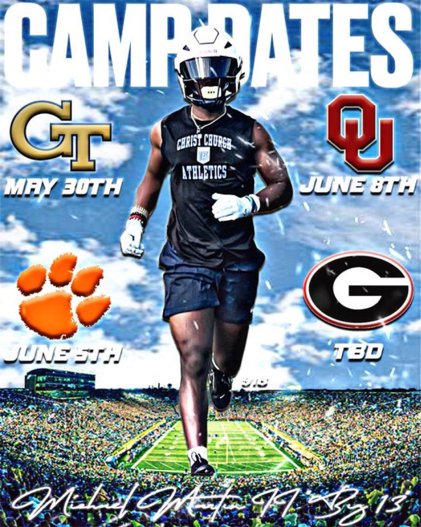 Thank you to every coach that sent me personal invites. There is only so much time in one summer and I don’t want to take away too much time from my team. Here is my camp schedule. @CoachVenables @DeMarcoMurray @NB5ive @coacherrinjoe @coach_norv @CodyCollinsGT @andrew_zow