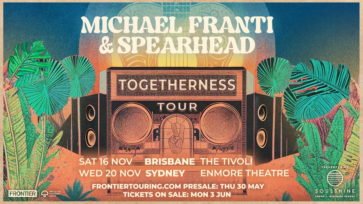 ANNOUNCING 💛 Globally recognised musician, activist and award-winning filmmaker @michaelfranti will return to Brisbane and Sydney this November with his band Spearhead. Frontier Member presale: Thu 30 May Tickets on sale: Mon 3 Jun 🎫 frontiertouring.com/michaelfranti
