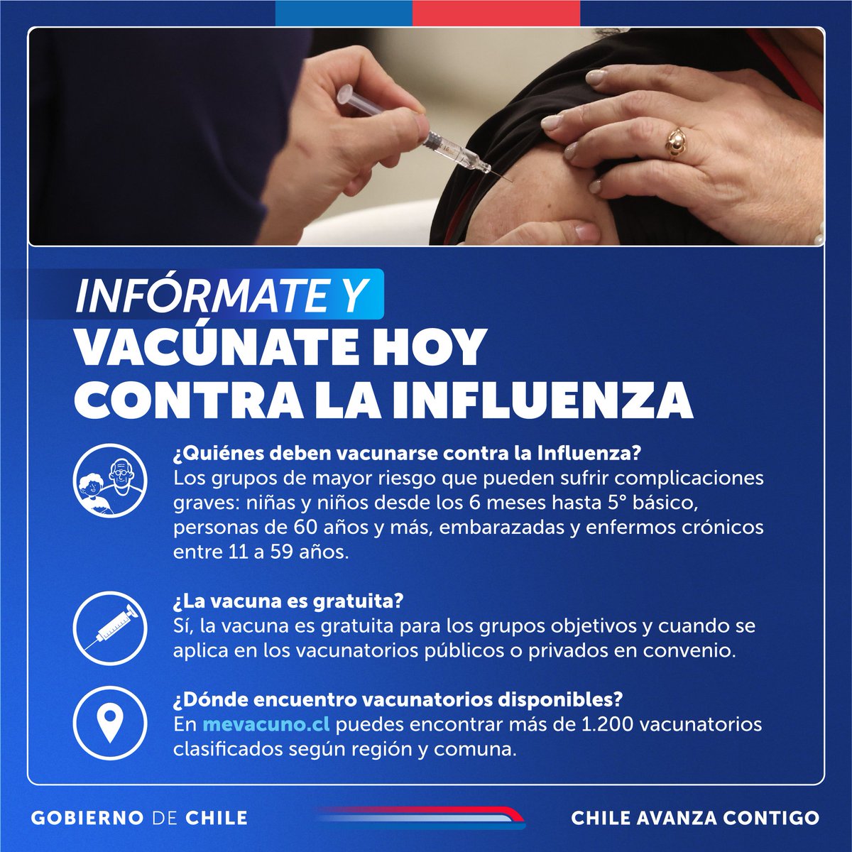 ¿Tienes dudas sobre el proceso de vacunación contra la Influenza?, ¿quieres saber si perteneces a los grupos objetivos? 💉 Encuentra tu vacunatorio más cercano en mevacuno.cl y protege a tu familia y cercanos.