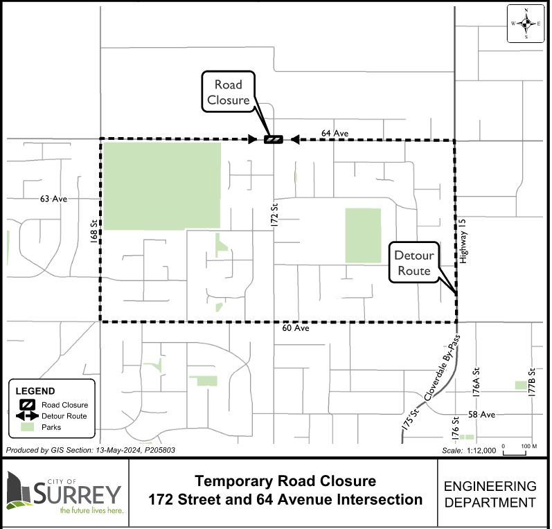 ROAD CLOSURE: The intersection of 64 Avenue and 172 Street will be closed from 8 PM to 6 AM tonight, May 27, to May 29 to facilitate construction. Detour route will be in effect. #SurreyBC ^mg