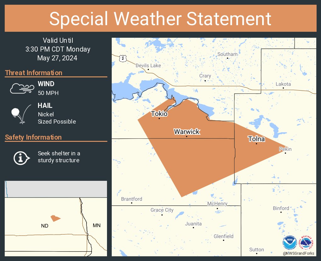 A special weather statement has been issued for Tolna ND, Warwick ND and Tokio ND until 3:30 PM CDT