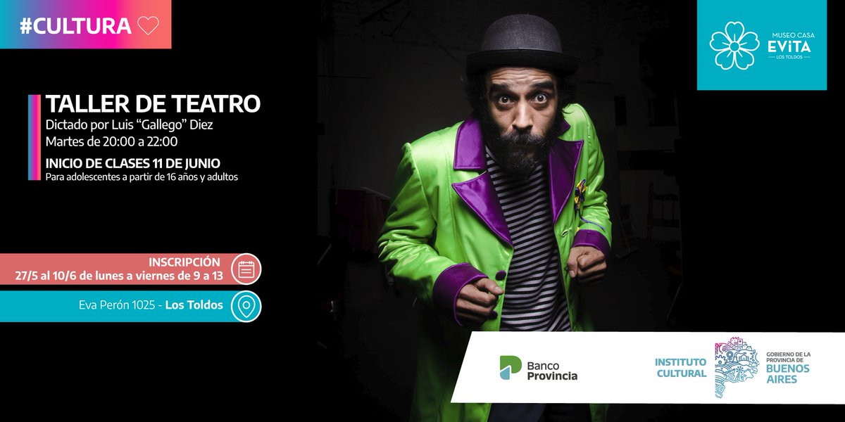 📣 Sumate al Taller de teatro 

🗓 Desde este lunes 27 de mayo, hasta el 10 de junio, se abren las inscripciones para el taller de teatro coordinado por Luis “Gallego” Diez.