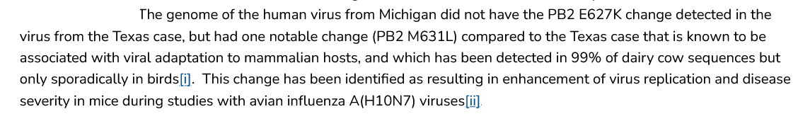 CoronaHeadsUp's tweet photo. CDC: Michigan H5N1 human case had 'one notable change compared to the Texas case'

The Michigan genome sequence "had one notable change (PB2 M631L) compared to the Texas case that is known to be associated with viral adaptation to mammalian hosts"

CDC:
https://t.co/Ql22qq8HsT https://t.co/WX1czZo82r