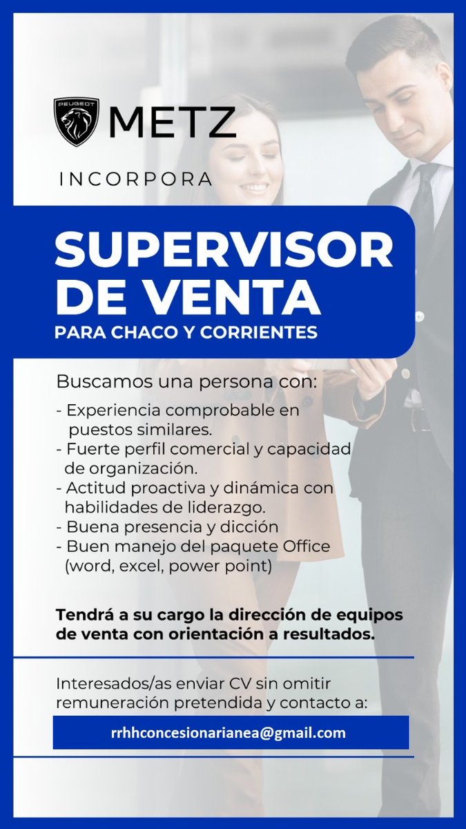 ⚫⚪ #CHACO y #CORRIENTES - METZ incorpora #SUPERVISOR/A DE #VENTA

👉 Interesados/as enviar CV sin omitir remuneración pretendida y contacto a: 📧 rrhhconcesionarianea@gmail.com

#TNEA #Chaco #Corrientes #empleoar #trabajoar