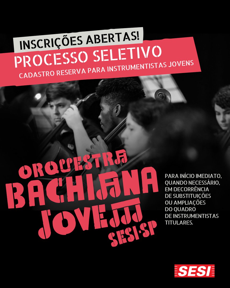 O SESI-SP, em parceria com a Fundação Bachiana abre processo seletivo de cadastro reserva para jovens talentos em início de carreira. 
🎹Faixa Etária: 18 e 27 anos. 
📣Inscrições até 24/5/25: 
bit.ly/rdProcessoSele…