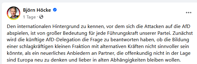 Erst zog Chrupalla über Le Pen und Meloni her, nun bestätigt Höcke die neue internatioanle Ausrichtung. Er bevorzugt eine kleine Fraktion 'mit alternativen Kräften' - vulgo Neonazis und Antisemiten wie die polnische Konfederazja.