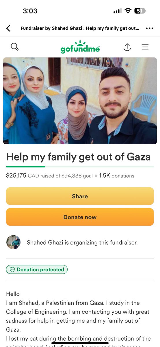 Shahed is 5k away from a goal of 30k by the end of today to keep the gfm going ! gofund.me/1bd0b783