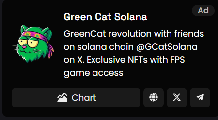 🚀 Guess what, Green Cat fam? 

We're kicking off our marketing campaign with a bang!

🎉 Ads are live on DEX Screener. Stay tuned for more exciting updates! 🐱💚

TX ID: solscan.io/tx/tj4pso4EvSQ…