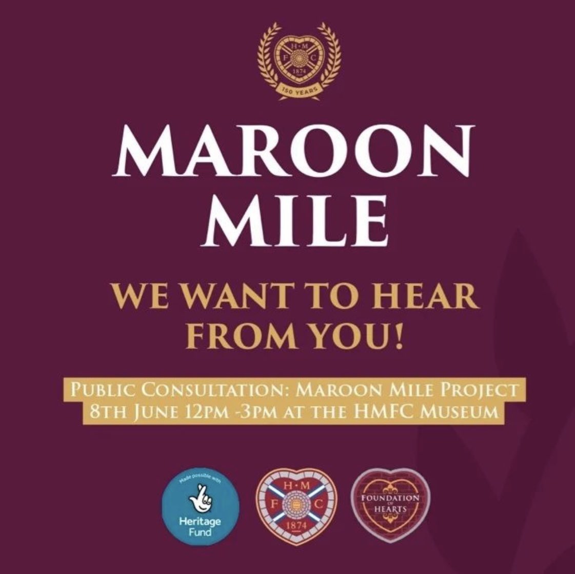 The_FOH's tweet image. Public Consultation: Maroon Mile 

8th June 12pm -3pm at the HMFC Museum 
 
Come along to hear about our plans for the heritage trail which will start at Haymarket War Memorial and finish at Tynecastle Park. 

heartsfc.co.uk/blogs/news/mar…