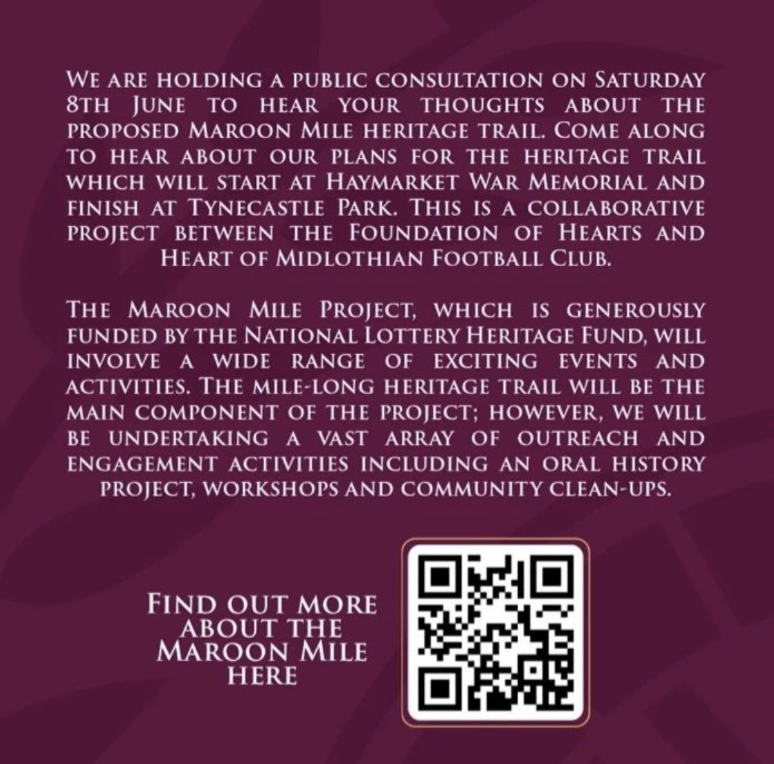 Public Consultation: Maroon Mile 8th June 12pm -3pm at the HMFC Museum   Come along to hear about our plans for the heritage trail which will start at Haymarket War Memorial and finish at Tynecastle Park. heartsfc.co.uk/blogs/news/mar…