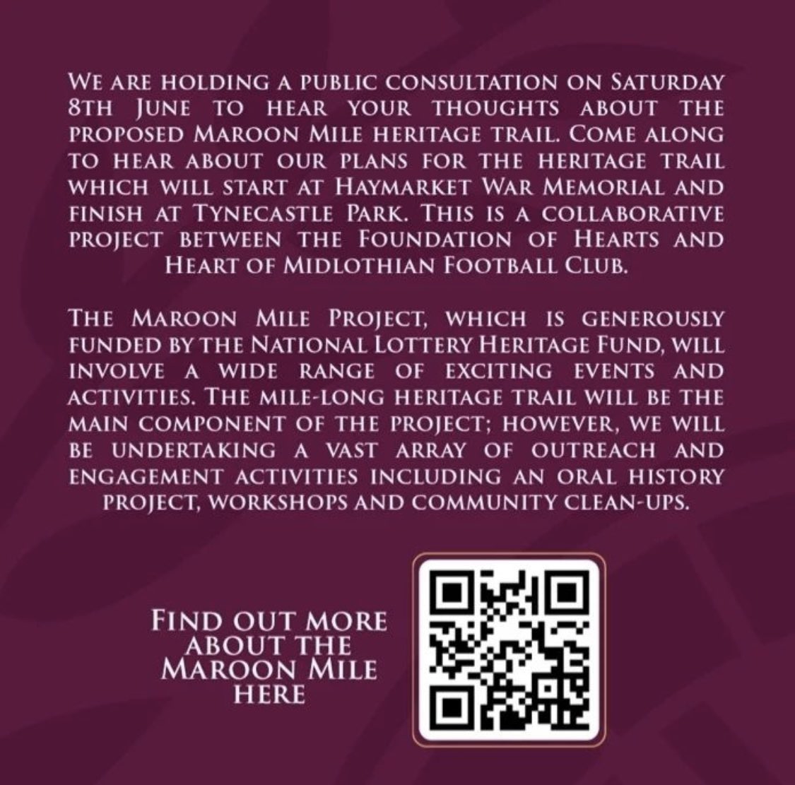 The_FOH's tweet image. Public Consultation: Maroon Mile 

8th June 12pm -3pm at the HMFC Museum 
 
Come along to hear about our plans for the heritage trail which will start at Haymarket War Memorial and finish at Tynecastle Park. 

heartsfc.co.uk/blogs/news/mar…