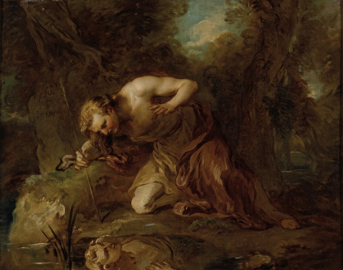 Narcissus is a tragic story of beauty being its own demise. Having fallen in love with his own reflection, Narcissus could never learn another, and didn't realize that the reflection was his own.

🎨François Lemoyne

#mythology #greekmythology