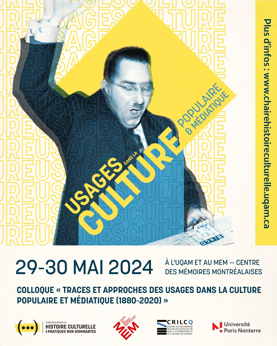 ‼️[DERNIER RAPPEL] Le colloque « Traces et approches des usages dans la culture populaire et médiatique (1880-2020) » se déroulera les 29 et 30 mai 2024.

📍 À l'@UQAM et au @MEMmtl 

Infos👇
crilcq.org/actualites/col…

#colloque #communautéFRQ #CultureQc #culturepopulaire