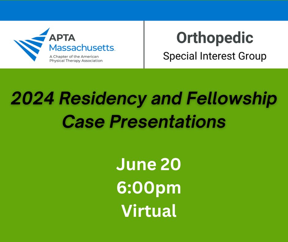 Lifelong students often make the best teachers, so come join us for a night of case presentations from Residents and Fellows from Boston University, MGH Institute, and Mass General Hospital/Northeastern University.
Register: orthosigjune.rsvpify.com