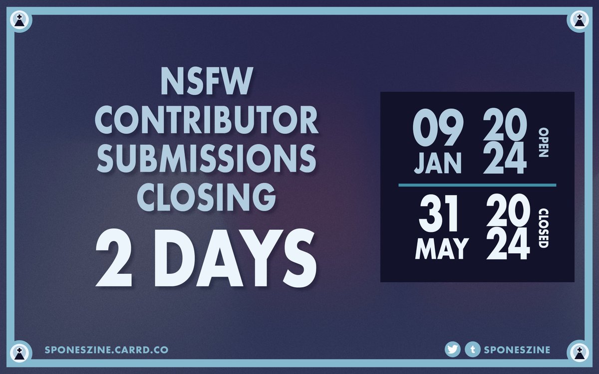 🌌NSFW SUBMISSIONS CLOSE SOON🌌

Contributor submissions for the 18+ edition of We Go Together Zine close in 2 days.

INFO: sponeszine.carrd.co/#nsfwsubmission

SUBMIT HERE: forms.gle/dghu2SGuYP3VU4…

#spones #fanzine