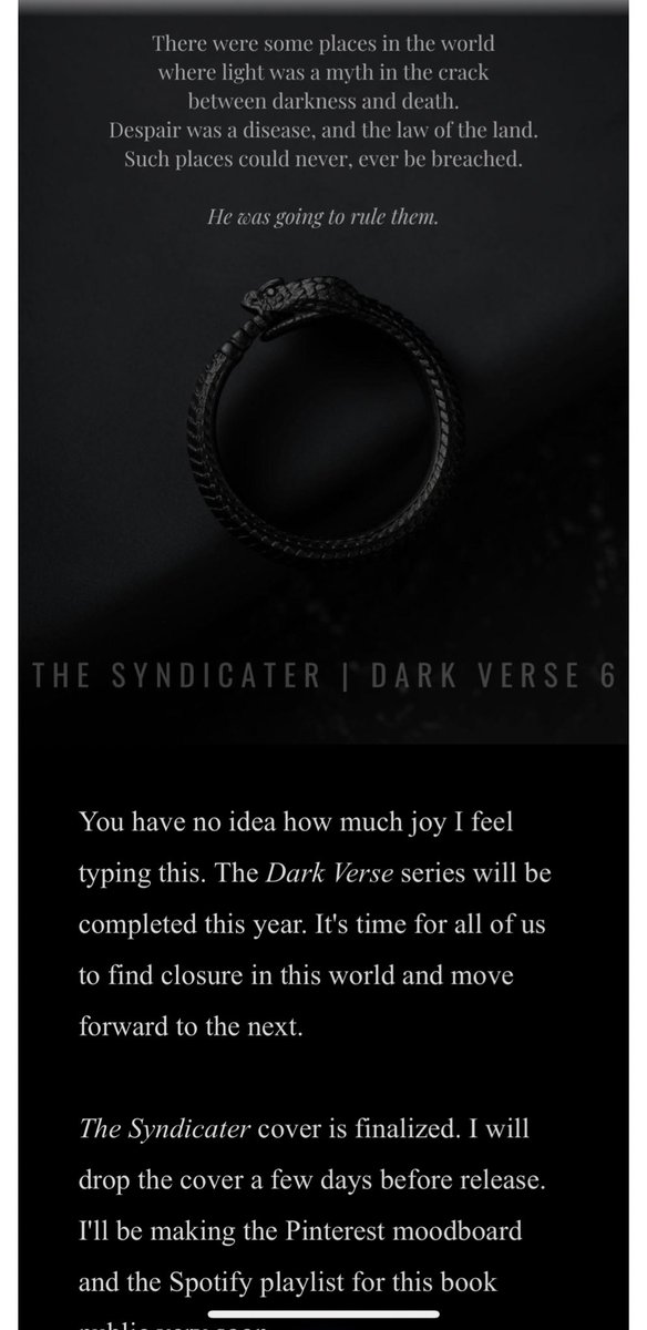 The gasp I gasped! Best news!!! Final book of Dark Verse by RuNyx is coming this year.

It’s one of my favorite series and I think one of the best written modern dark mafia books.

Check previous books before the drop